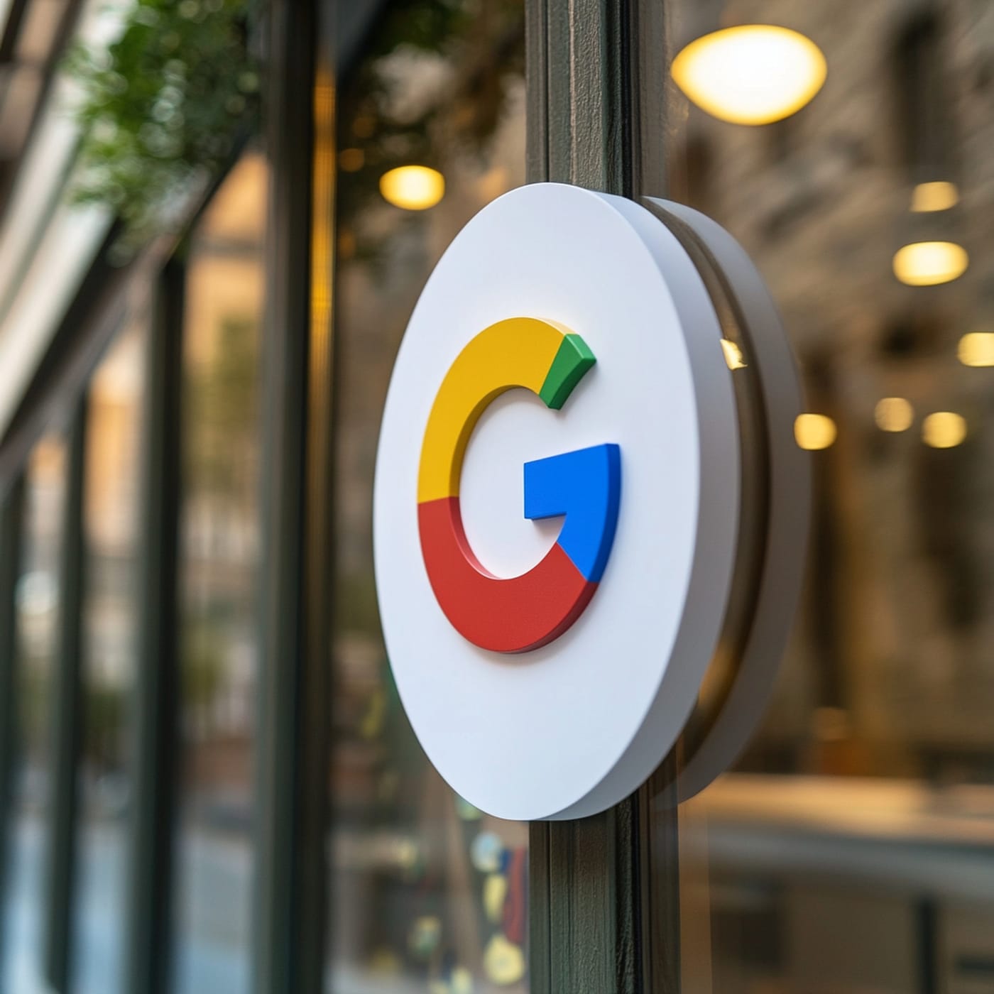 Logo Google (lettre G colorée) en relief sur un panneau blanc, fixé à une vitrine