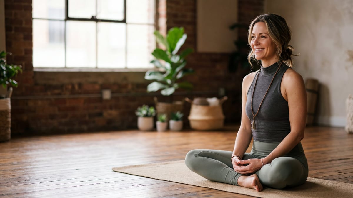 Femme souriante assise en tailleur sur un tapis de yoga dans un studio lumineux avec plantes et mur de briques